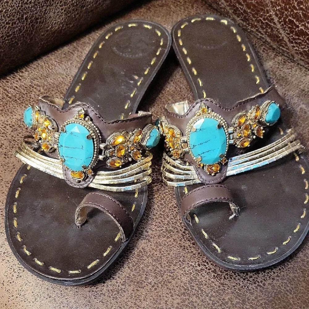 BCBG Brown Sandals with Turquoise and Gold, Call Out,  Scratches Size 7.5 (408) - Picture 4 of 12